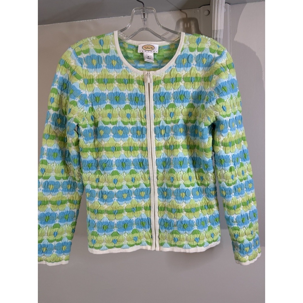 VTG TALBOTS Aqua Green Puffy Sweater Zip Cardigan Sweater M Cottage 70's Grandma